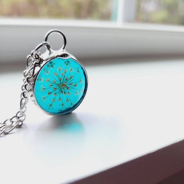 Alternate image for Pressed Flower Pendant Necklace for Women, Stained Glass Jewelry, Real Queen Annes Lace, Natural Flower Pendant