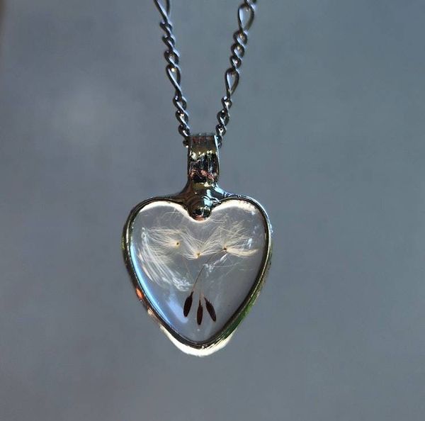 Alternate image for Dandelion Seed Heart Pendant Necklace for Women, Stained Glass Terrarium Jewelry, Two Seeds