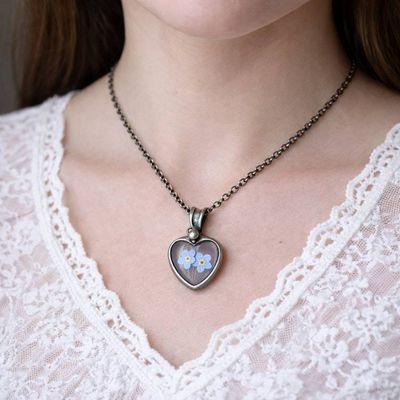 Alternate image for Pressed Flower Jewelry, Forget-Me-Not Heart Pendant, Quality Glass Necklace for Women