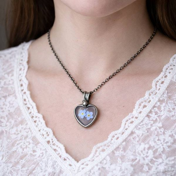 Alternate image for Pressed Flower Jewelry, Forget-Me-Not Heart Pendant, Quality Glass Necklace for Women