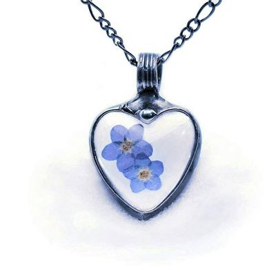 Alternate image for Pressed Flower Jewelry, Forget-Me-Not Heart Pendant, Quality Glass Necklace for Women