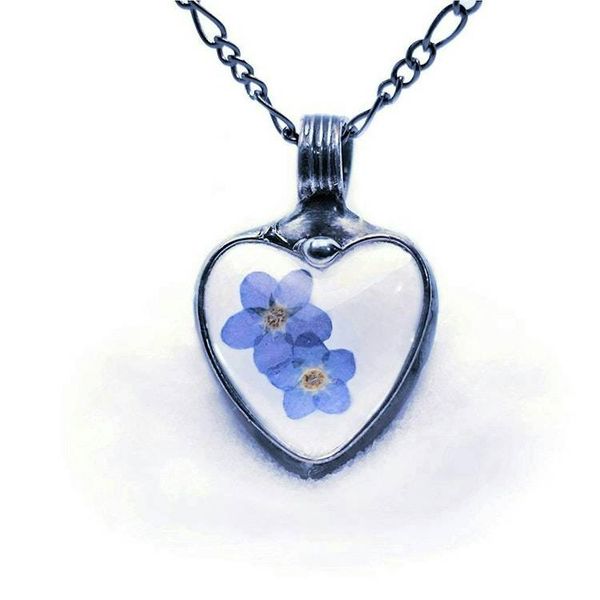 Alternate image for Pressed Flower Jewelry, Forget-Me-Not Heart Pendant, Quality Glass Necklace for Women