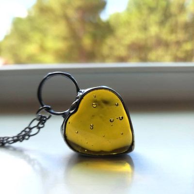 Alternate image for Chunky Glass Heart Necklace for Women, Thick Aqua Heart Pendant, Handmade Stained Glass Jewelry
