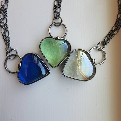 Alternate image for Chunky Glass Heart Necklace for Women, Thick Aqua Heart Pendant, Handmade Stained Glass Jewelry