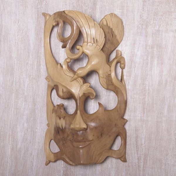 Alternate image for Hand Crafted Balinese Hibiscus Wood Wall Mask Nature Soaring