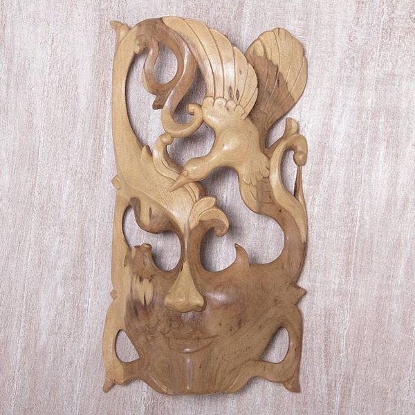 Alternate image for Hand Crafted Balinese Hibiscus Wood Wall Mask Nature Soaring