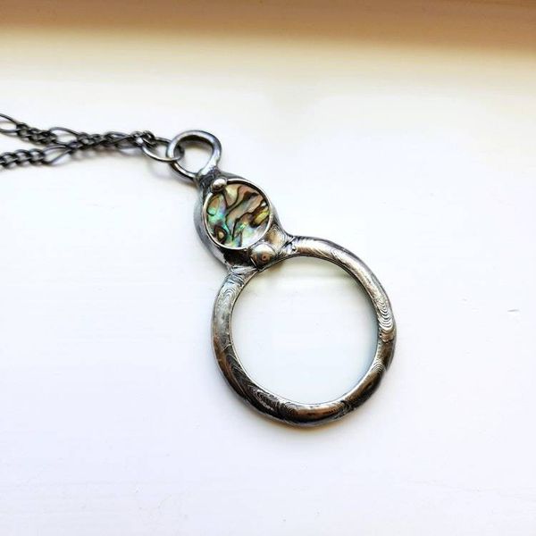 Alternate image for Magnifier Pendant Jewelry, Abalone Inset, Magnifying Glass Necklace for Women, Gift for Reading Impaired