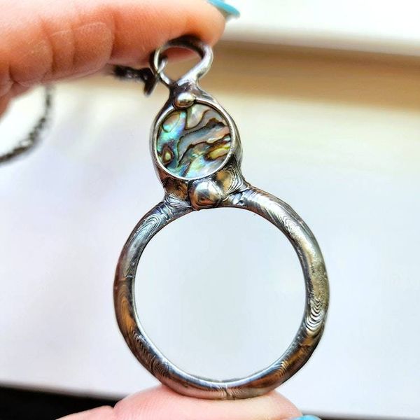 Alternate image for Magnifier Pendant Jewelry, Abalone Inset, Magnifying Glass Necklace for Women, Gift for Reading Impaired