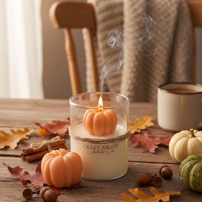 Primary image for Pumpkin-Shaped Candle in Glass Jar with Natural Autumn Decor by Crazy About Candles Co.