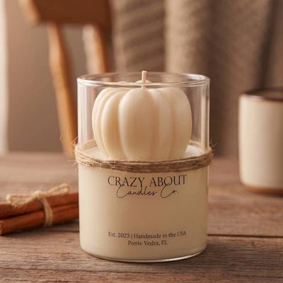 Alternate image for Pumpkin-Shaped Candle in Glass Jar with Natural Autumn Decor by Crazy About Candles Co.