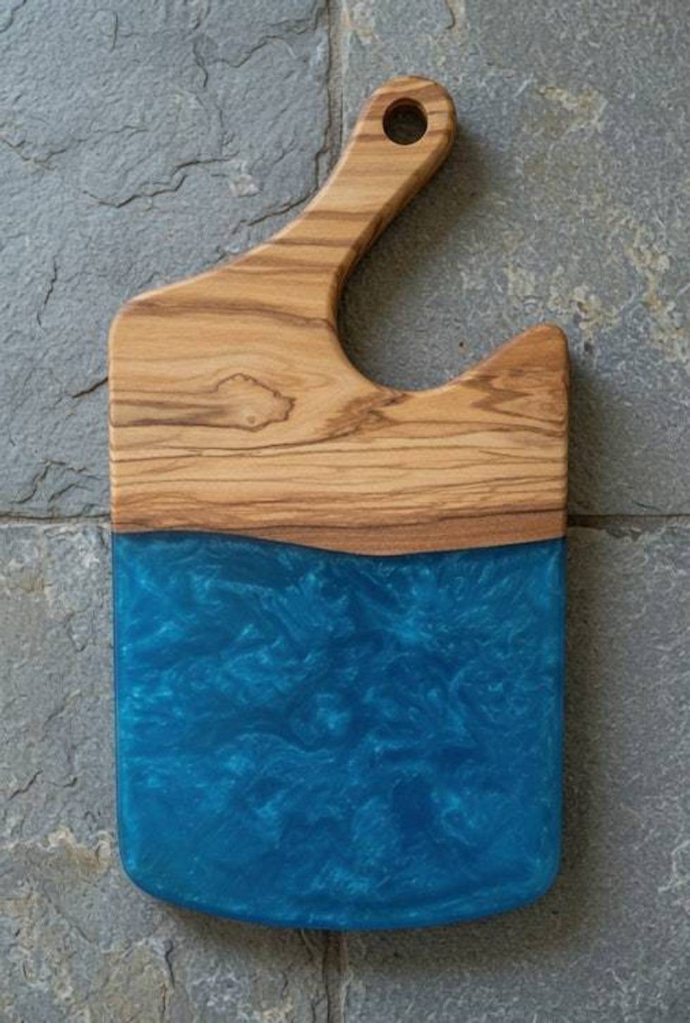 Olive Wood & Blue Epoxy Cheese Board | 12.25" x 6.75" Charcuterie Serving Board with Food-Safe Finish + Complementary Wood Conditioner