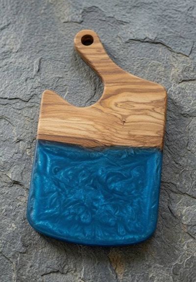 Alternate image for Olive Wood & Blue Epoxy Cheese Board | 12.25 x 6.75 Charcuterie Serving Board with Food-Safe Finish + Complementary Wood Conditioner