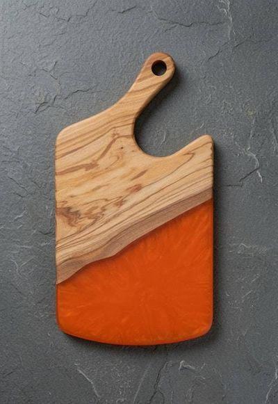 Alternate image for Handcrafted Olive Wood & Vibrant Orange Epoxy Resin Charcuterie Board | 12.25 x 6.75 Serving Board with Handle + Complementary Wood Conditioner