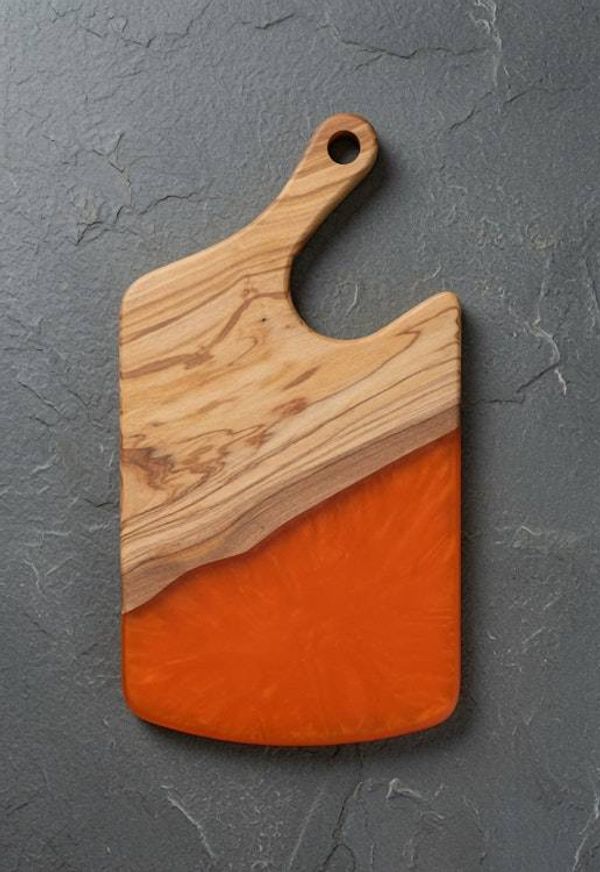 Alternate image for Handcrafted Olive Wood & Vibrant Orange Epoxy Resin Charcuterie Board | 12.25 x 6.75 Serving Board with Handle + Complementary Wood Conditioner