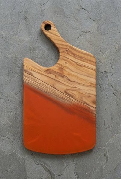 Alternate image for Handcrafted Olive Wood & Vibrant Orange Epoxy Resin Charcuterie Board | 12.25 x 6.75 Serving Board with Handle + Complementary Wood Conditioner