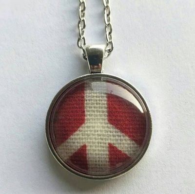 Alternate image for Red and White Peace Sign Necklace - Canvas Fabric Under Glass