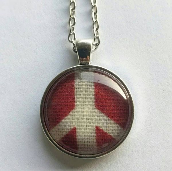 Alternate image for Red and White Peace Sign Necklace - Canvas Fabric Under Glass