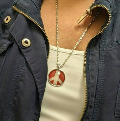 Alternate image for Red and White Peace Sign Necklace - Canvas Fabric Under Glass