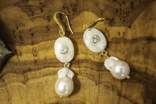 Alternate image for Freshwater Baroque Pearl and Aquamarine Inlaid Rainbow Moonstone Earrings