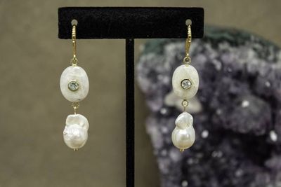 Alternate image for Freshwater Baroque Pearl and Aquamarine Inlaid Rainbow Moonstone Earrings