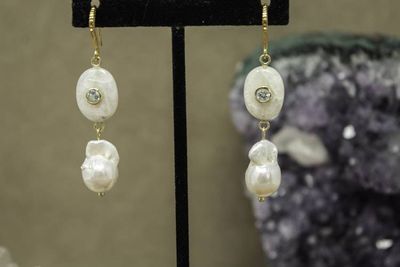 Alternate image for Freshwater Baroque Pearl and Aquamarine Inlaid Rainbow Moonstone Earrings