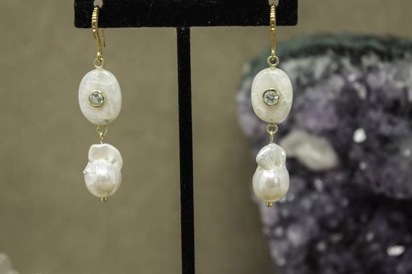 Alternate image for Freshwater Baroque Pearl and Aquamarine Inlaid Rainbow Moonstone Earrings