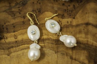 Alternate image for Freshwater Baroque Pearl and Aquamarine Inlaid Rainbow Moonstone Earrings