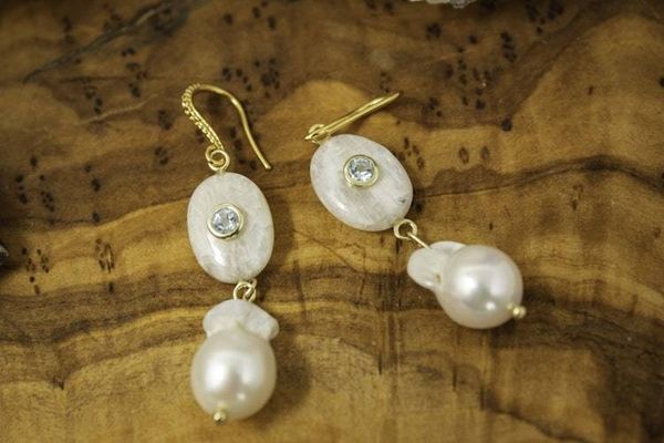 Alternate image for Freshwater Baroque Pearl and Aquamarine Inlaid Rainbow Moonstone Earrings