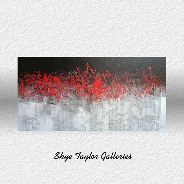 Alternate image for Dragon Fire NO. 4 – Extra Wide 48 x 24 High-Contrast Red, Black & Silver Drip Abstract Canvas Painting by Skye Taylor