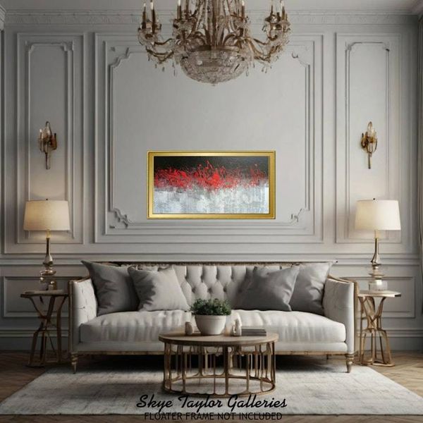 Alternate image for Dragon Fire NO. 4 – Extra Wide 48 x 24 High-Contrast Red, Black & Silver Drip Abstract Canvas Painting by Skye Taylor