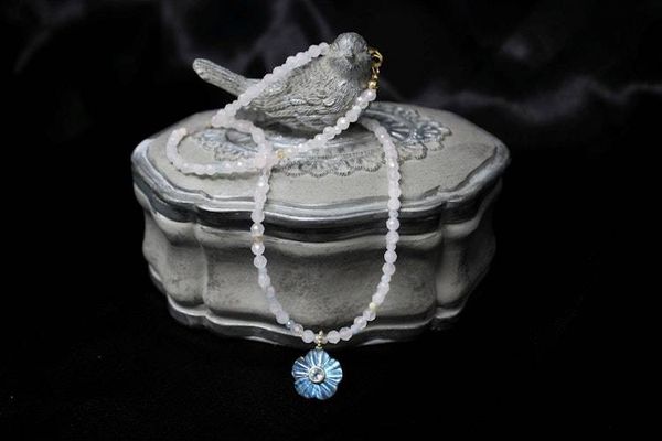 Alternate image for Rose Quartz, Beryl and Carved Labradorite Aquamarine Inlayed Flower Necklace