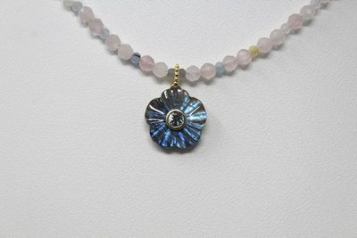 Alternate image for Rose Quartz, Beryl and Carved Labradorite Aquamarine Inlayed Flower Necklace