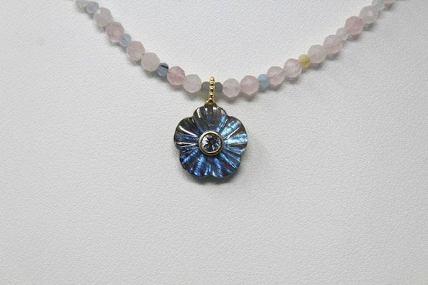 Alternate image for Rose Quartz, Beryl and Carved Labradorite Aquamarine Inlayed Flower Necklace