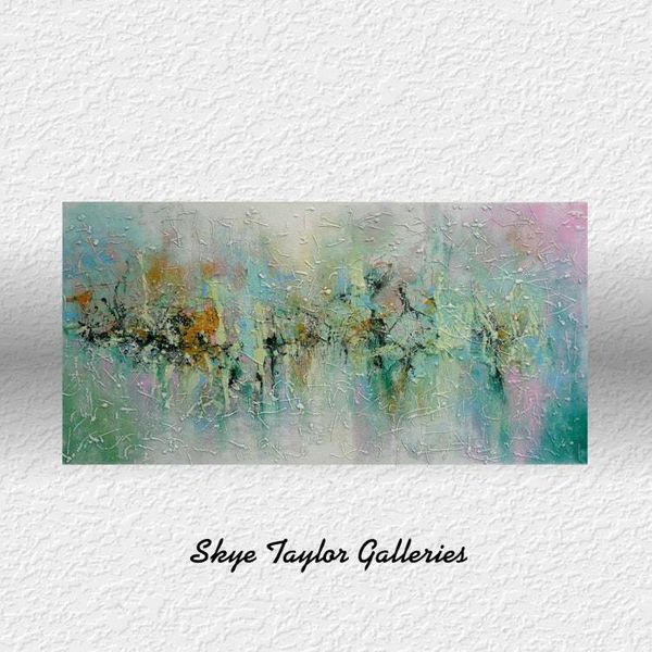 Alternate image for Heaven on the Green – Extra Wide 48 x 24 Soft Green, Teal & Gold Drip Abstract Canvas Painting by Skye Taylor