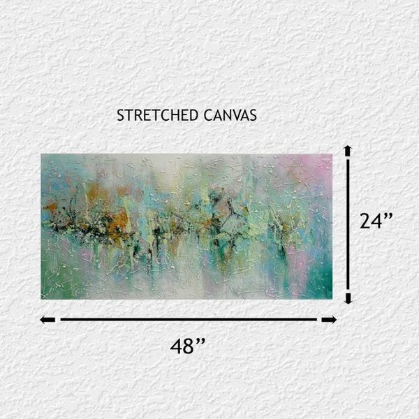 Alternate image for Heaven on the Green – Extra Wide 48 x 24 Soft Green, Teal & Gold Drip Abstract Canvas Painting by Skye Taylor