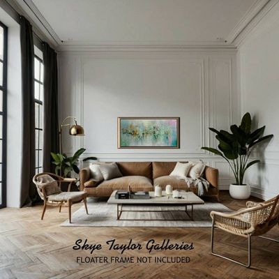 Alternate image for Heaven on the Green – Extra Wide 48 x 24 Soft Green, Teal & Gold Drip Abstract Canvas Painting by Skye Taylor