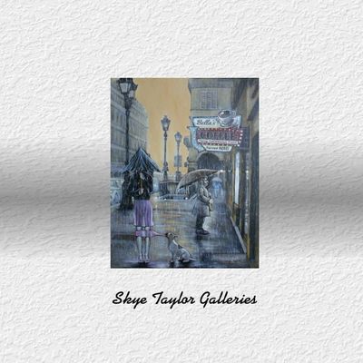 Alternate image for Having a Bad Day – Original 18 x 24 Rainy City Street & Coffee Shop Acrylic Painting by Skye Taylor