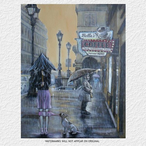 Alternate image for Having a Bad Day – Original 18 x 24 Rainy City Street & Coffee Shop Acrylic Painting by Skye Taylor