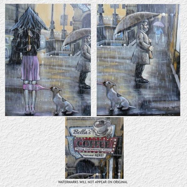 Alternate image for Having a Bad Day – Original 18 x 24 Rainy City Street & Coffee Shop Acrylic Painting by Skye Taylor