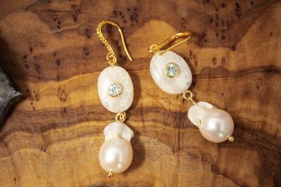 Alternate image for Freshwater Baroque Pearl and Aquamarine Inlaid Rainbow Moonstone Earrings
