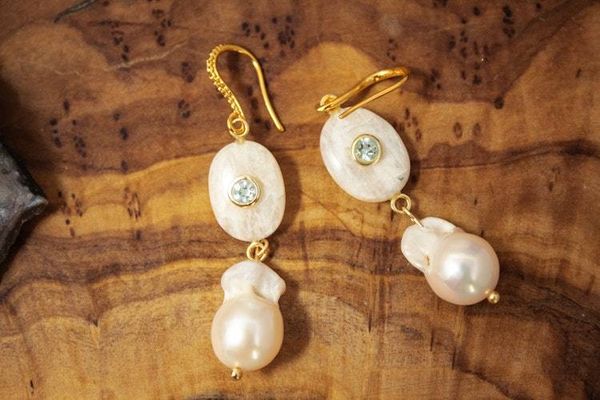 Alternate image for Freshwater Baroque Pearl and Aquamarine Inlaid Rainbow Moonstone Earrings