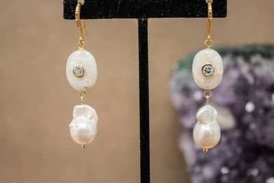 Alternate image for Freshwater Baroque Pearl and Aquamarine Inlaid Rainbow Moonstone Earrings