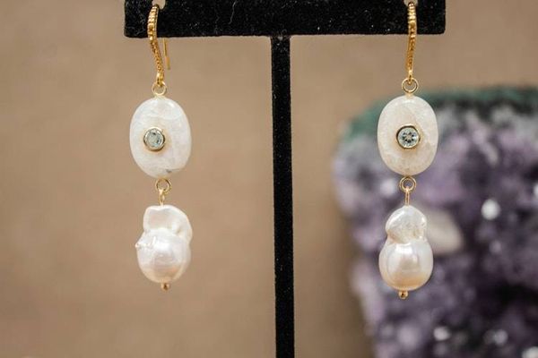 Alternate image for Freshwater Baroque Pearl and Aquamarine Inlaid Rainbow Moonstone Earrings