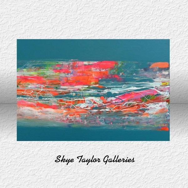 Alternate image for Confetti – Original 36 x 24 Teal & Coral Pink Abstract Drip Canvas Painting by Skye Taylor