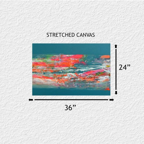 Alternate image for Confetti – Original 36 x 24 Teal & Coral Pink Abstract Drip Canvas Painting by Skye Taylor