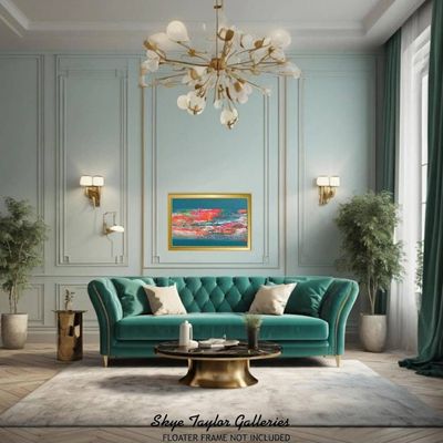 Alternate image for Confetti – Original 36 x 24 Teal & Coral Pink Abstract Drip Canvas Painting by Skye Taylor