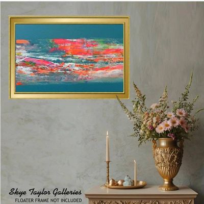 Alternate image for Confetti – Original 36 x 24 Teal & Coral Pink Abstract Drip Canvas Painting by Skye Taylor