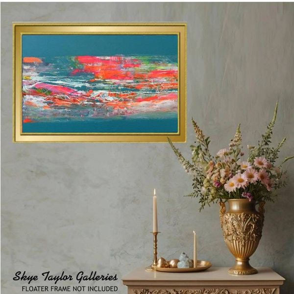 Alternate image for Confetti – Original 36 x 24 Teal & Coral Pink Abstract Drip Canvas Painting by Skye Taylor