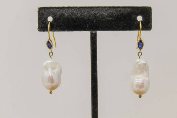 Alternate image for Gold Vermeil Marquise Blue Sapphire and Freshwater Baroque Pearl Earrings