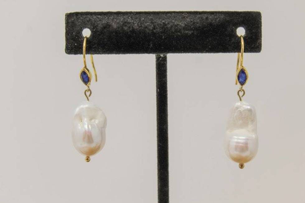 Gold Vermeil Marquise Blue Sapphire and Freshwater Baroque Pearl Earrings